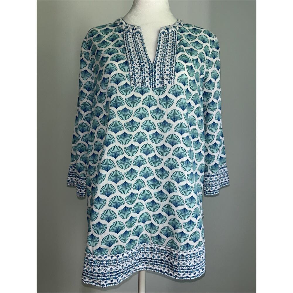 Sigrid Olsen Women’s Tunic Top Size Small Turquoise White Embroidered Fan Print